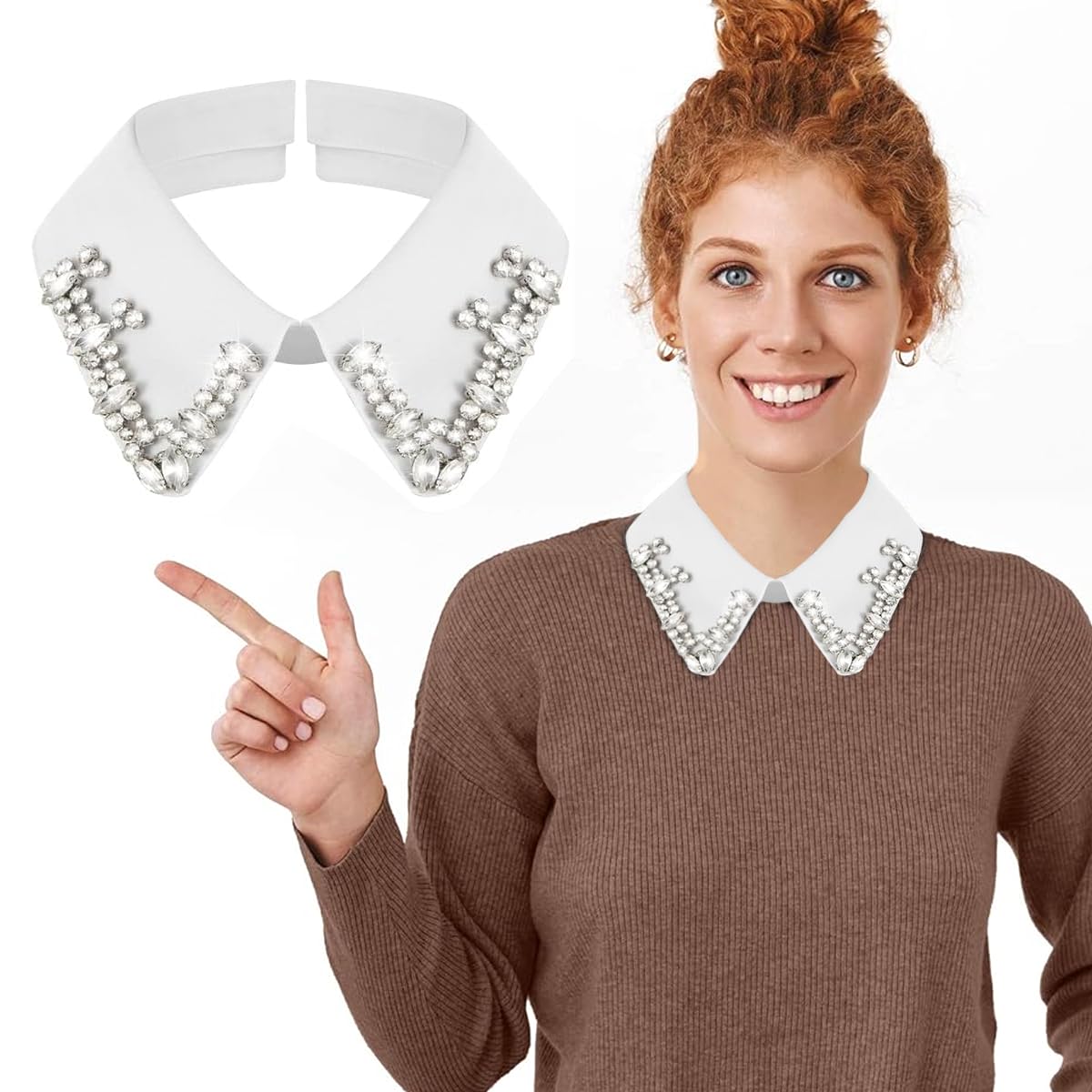 PALAY Fake Collar for Women White Half Fake Shirt Collar Chiffon Blouse Dickey False Collar Stylish Rhinestones Women Detachable Collar - All Season Use PALAY Fake Collar for Women White Half Fake Shirt Collar Chiffon Blouse Dickey False Collar Stylish Rhinestones Women Detachable Collar - All Season Use